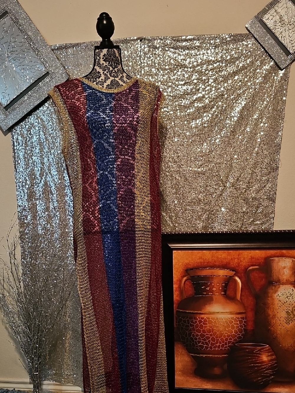 Gold, Burgundy & Blue Metallic Stripe Maxi Dress 1X